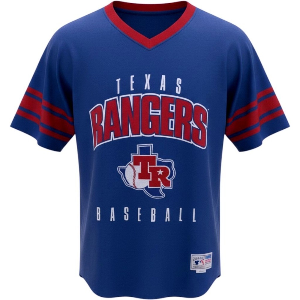 Mitchell & Ness Texas Rangers MLB Retro V-Neck Cooperstown Tee Blue Large NEW
